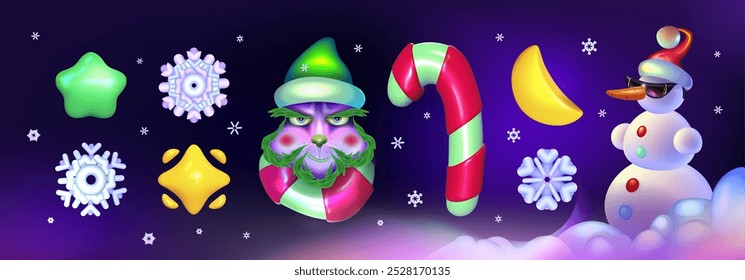 Merry Christmas and Happy New Year of set . Funny Winter Monster, snowman,  candy cane, snowflakes, stars. Collection of New Year's objects