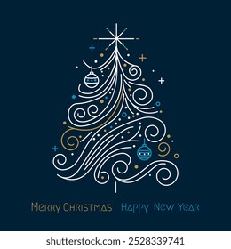 Merry Christmas and Happy New Year card. Winter forest with stylized fir tree, snow and snowdrifts. Christmas and winter holidays concept. Vector illustration isolated