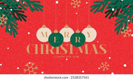 Merry Christmas and Happy New Year bright banner. Trendy vector illustration with Christmas fir tree branches, balls, snowflakes and typography design. New Year banner for ads, cover, social media.