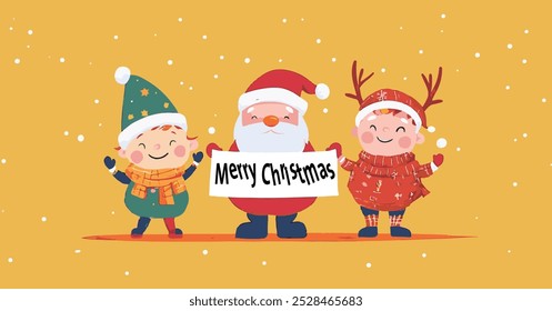 Merry Christmas and happy new year greeting card with Santa Claus, cute kids in snowman, xmas tree, deer and red costume. Holiday cartoon character in winter season