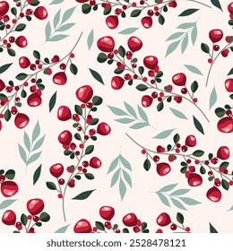 Merry Christmas, Happy New Year seamless pattern with leaves and berries for greeting cards, wrapping papers. Seamless winter pattern. Vector illustration.