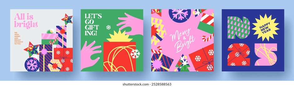 Merry Christmas and Happy New Year greeting card Set. Modern Xmas design with beautiful geometric and doodle elements, Christmas tree, gifts, balls, snowflakes. Minimal banner, poster, cover template.