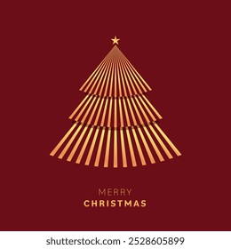 Feliz Natal e Feliz Ano Novo. Elegante árvore de natal linha dourada com estrela no fundo escuro. Luxo xmas design cartão de saudação. Ilustração de vetor.