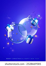 Merry Christmas and Happy New Year background. Christmas realistic 3d transparent glass ornament, levitation dynamics effect and falling gift box on lights vibrant blue background. Vector illustration