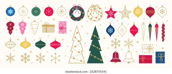 Merry Christmas and Happy New Year geometric decoration set. Trendy minimal vintage design elements isolated on a  white background. Christmas tree, Christmas tree decorations. Flat style. 