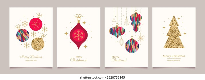 Merry Christmas and Happy New Year Set of greeting cards, posters, holiday backgrounds.
Trendy collection of Christmas minimalist geometric elements. Christmas decorations in flat design. 
