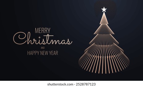 Feliz Natal e Feliz Ano Novo Banner. Elegante Geometric Golden Line Christmas Tree Postcard Design. Luxo Xmas Greeting Card Design. Ilustração de vetor.