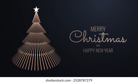 Feliz Natal e Feliz Ano Novo Banner. Elegante Geometric Golden Line Christmas Tree Postcard Design. Luxo Xmas Greeting Card Design. Ilustração de vetor.