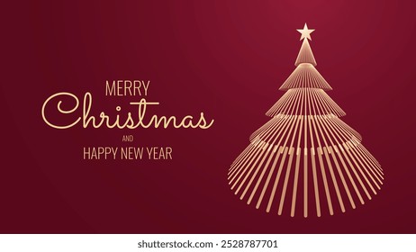 Merry Christmas and Happy New Year Banner. Elegant Geometric Golden Line Christmas Tree Postcard Design. Luxury Xmas Greeting Card Design. Vector Illustration.