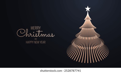 Fröhliche Weihnachten und Frohes neues Jahr Banner. Elegante geometrische goldene Linie Weihnachtsbaum Postkarte Design. Luxus Xmas Grußkartendesign. Vektorgrafik.