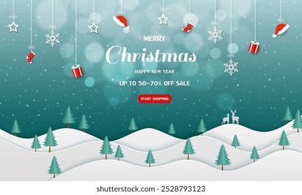 Merry Christmas and Happy new year sale horizontal background with falling snow on winter landscape,vector illustration