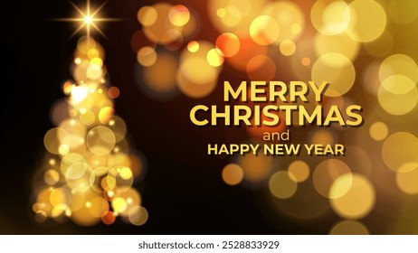 Feliz Natal e feliz banner de celebração de Ano Novo. Fundo festivo para saudações de férias e convites de Natal. Árvore de Natal e luzes bokeh borradas brilhantes. Ilustração vetorial.