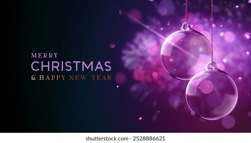 Merry Christmas and Happy New Year banner. Christmas realistic 3d transparent ornament of two glass baubles hanging on ribbon and glowing bokeh lights on bright purple background. Vector illustration