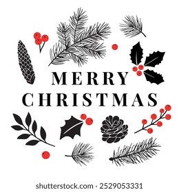 Merry Christmas and Happy New Year, vector illustration, New Year background, Christmas tree branches, pine cones