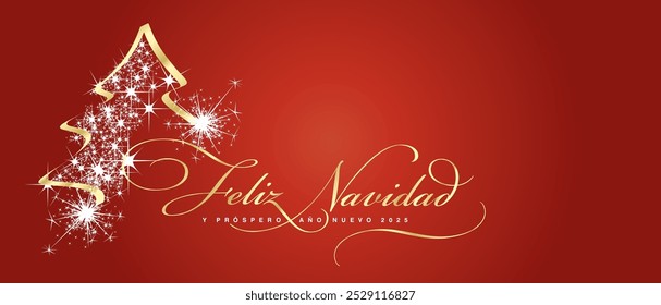 Feliz Natal e Feliz Ano Novo 2025 Espanhol lindos dourado branco luz elegante escova roteiro caligrafia tipografia com brilho cintilante stardust árvore de Natal fundo vermelho saudação c