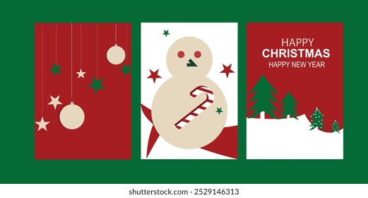 Merry Christmas and Happy New Year greeting card Set. Modern Xmas design with typography, beautiful Christmas tree and ball, snowflake, candy cane pattern. Minimal art banner, poster, cover templates