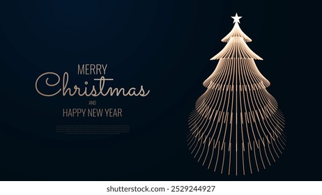 Merry Christmas and Happy New Year Banner. Elegant Geometric Golden Line Christmas Tree Postcard Design. Luxury Xmas Greeting Card Design. Vector Illustration.