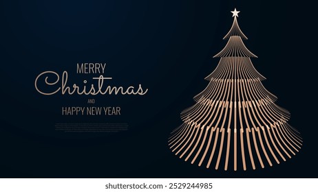 Fröhliche Weihnachten und Frohes neues Jahr Banner. Elegante geometrische goldene Linie Weihnachtsbaum Postkarte Design. Luxus Xmas Grußkartendesign. Vektorgrafik.