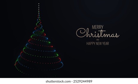 Feliz Natal e Feliz Ano Novo Banner. Design de cartão postal de árvore de Natal de partículas coloridas geométricas elegantes. Luxo Xmas Greeting Card Design. Ilustração de vetor.