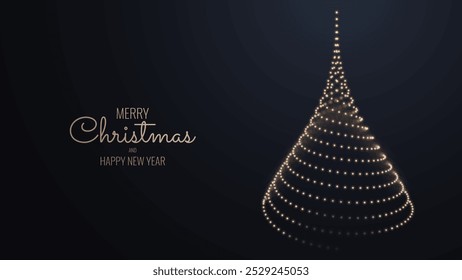 Feliz Natal e Feliz Ano Novo Banner. Elegante Geometric Golden Particles Christmas Tree Postcard Design. Luxo Xmas Greeting Card Design. Ilustração de vetor.