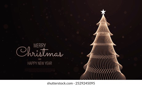 Felices Navidades y Feliz Año Nuevo Anuncio. Elegante diseño de postal de árbol de Navidad de líneas doradas geométricas. Diseño de tarjeta de felicitación de Navidad de lujo. Ilustración vectorial.