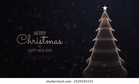 Feliz Natal e Feliz Ano Novo Banner. Elegante Geometric Golden Particles Christmas Tree Postcard Design. Luxo Xmas Greeting Card Design. Ilustração de vetor.