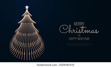 Feliz Natal e Feliz Ano Novo Banner. Elegante Geometric Golden Line Christmas Tree Postcard Design. Luxo Xmas Greeting Card Design. Ilustração de vetor.