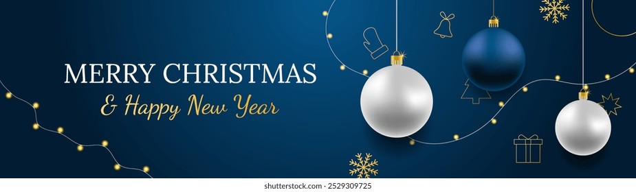 Merry Christmas and Happy New Year vector banner. Realistic rose gold and blue baubles, snowflakes hanging on dark blue background with realistic garland and confetti. Background gold Christmas icon