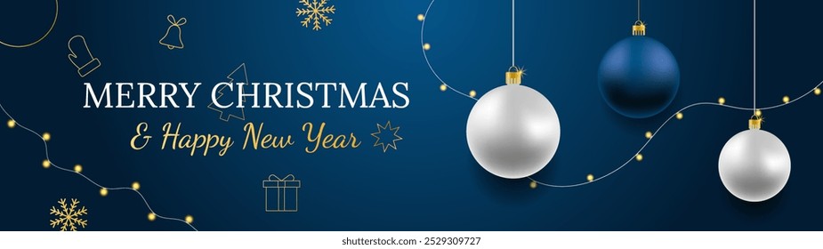 Merry Christmas and Happy New Year vector banner. Realistic rose gold and blue baubles, snowflakes hanging on dark blue background with realistic garland and confetti. Background gold Christmas icon