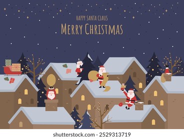 Merry Christmas and Happy New Year greeting card with Santa Claus on the roof. Vector illustration