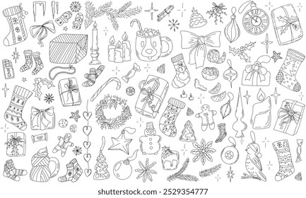 Merry Christmas and Happy New Year festive vector collection. Different hand drawn doodle elements, presents, cozy socks, Christmas tree decorations, baubles, Christmas ornaments, holidays attributes.