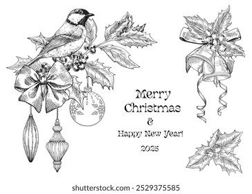 Merry Christmas and Happy new year background with tit bird on the holly twig, bells, bow, toys. Black and white Hand drawn Vector illustration for design greeting card, holiday decor