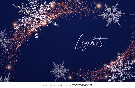 Merry Christmas and Happy New Year design with snowflakes and lights. Shining winter background
