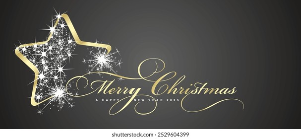 Merry Christmas and Happy New Year 2025 greeting card. Beautiful golden light elegant brush script calligraphy typography. Golden white glitter sparkle Christmas star ornament on black background