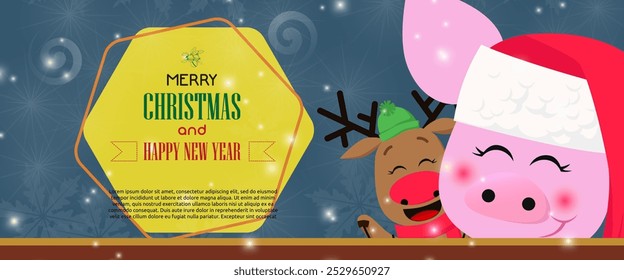 Merry Christmas and Happy New Year text with jolly pig and deer on abstract background. Lettering with realistic elements can be used for invitation, announcement