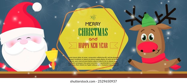 Merry Christmas and Happy New Year text with Santa ringing bell and cute deer in hat and scarf outstretching arms. Lettering with realistic elements can be used for invitations, signs, announcements