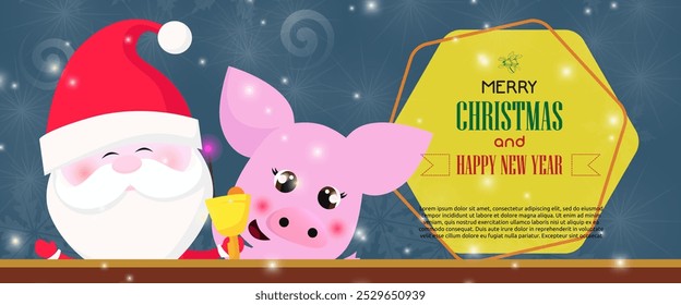 Merry Christmas and Happy New Year banner with Santa Claus ringing bell and cute pig on abstract background. Lettering with realistic elements can be used for invitations, signs, announcements