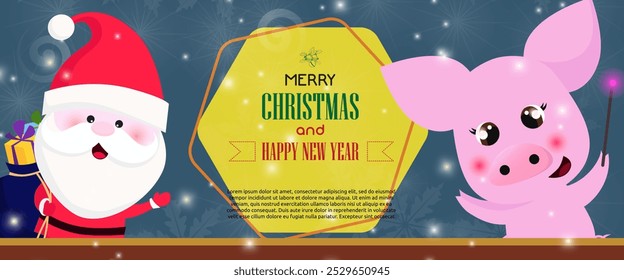 Merry Christmas and Happy New Year banner with pig holding magic stick and cheerful Santa Claus with sack of gift. Lettering with realistic elements can be used for invitations, signs, announcements
