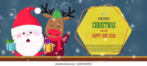 Merry Christmas and Happy New Year banner with happy Santa and reindeer in knitted sweater and green hat. Lettering with realistic elements can be used for invitations, signs, announcements