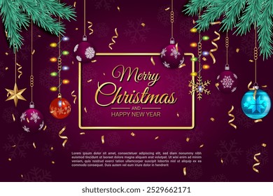 Merry Christmas and Happy New Year festive background with ornaments