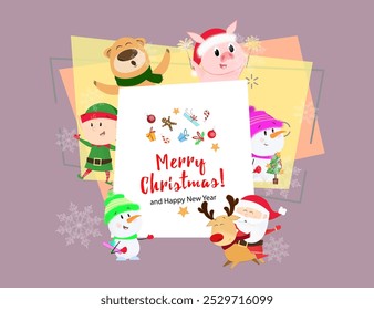 Merry Christmas and Happy New year poster design. Inscription with bear, snowmen, piglet, elf, Santa Claus riding on deer on abstract background. Can be used for postcard, greeting card, leaflet