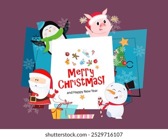 Merry Christmas and Happy New Year bright leaflet. Inscription with cartoon characters of snowman, Santa Claus, penguin and piglet on abstract background. Can be used for postcard, greeting card, leaf