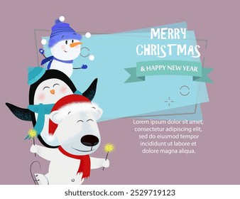 Merry Christmas and Happy New Year sample banner design. Inscription with polar bear, penguin, snowman on blue background with sample text. Can be used for postcards, invitations, greeting cards