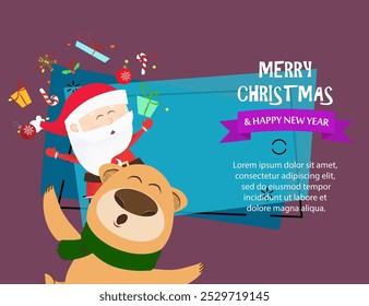 Merry Christmas and Happy New Year creative banner design. Inscription with bear and Santa on abstract background with sample text. Can be used for postcards, invitations, greeting cards