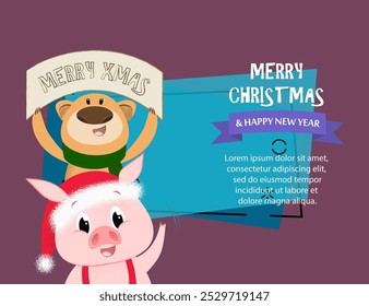 Merry Christmas and Happy New Year design. Inscription with piglet and bear on abstract background with sample text. Can be used for postcards, invitations, greeting cards