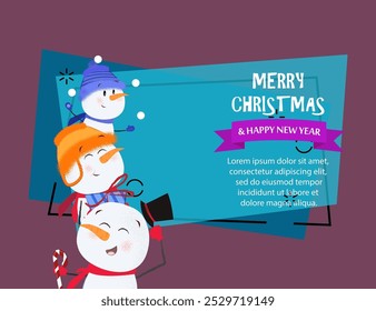 Merry Christmas and Happy New Year creative blue banner design. Inscription with snowmen on blue background with sample text. Can be used for postcards, invitations, greeting cards