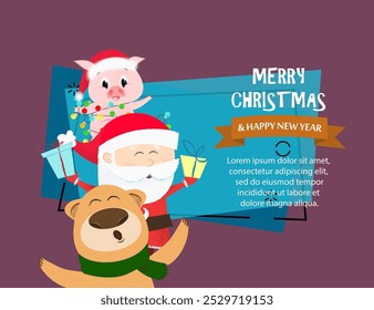 Merry Christmas and Happy New Year banner design template. Inscription with bear, Santa and piggy on abstract background with sample text. Can be used for postcards, invitations, greeting cards