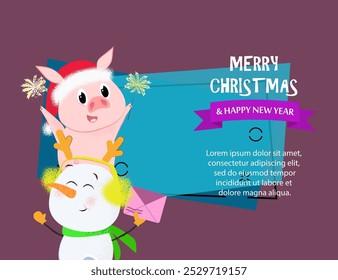 Merry Christmas and Happy New Year sample pink banner design. Inscription with snowman and piglet on pink background with sample text. Can be used for postcards, invitations, greeting cards