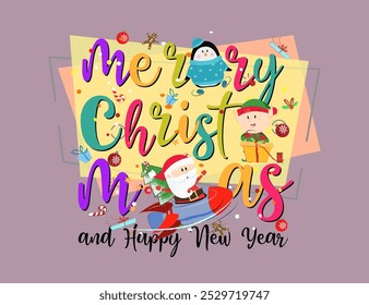 Merry Christmas and Happy New Year postcard with creative lettering. Multicolored calligraphy with cartoon characters on abstract background. Can be used for postcards, greeting cards, leaflets