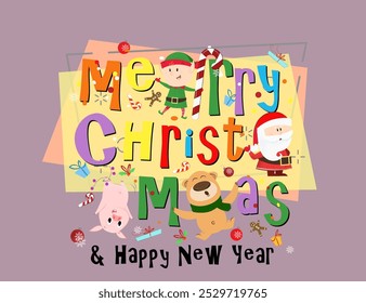 Merry Christmas and Happy New Year multicolored poster design. Multicolored inscription with cartoon characters on white background. Can be used for postcards, greeting cards, leaflets